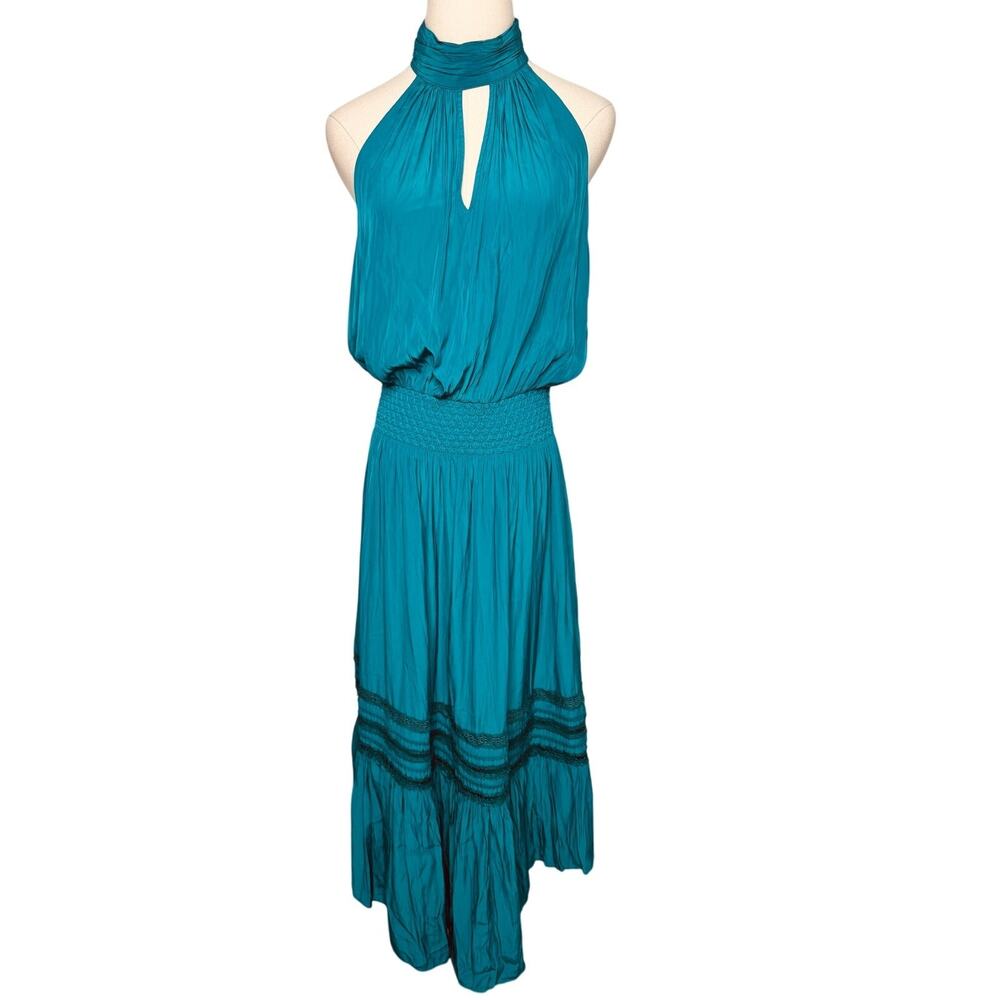 Ramy Brook Annette Halter Dress Petrol Teal Blue Green Smocked Waist size L - Picture 10 of 10